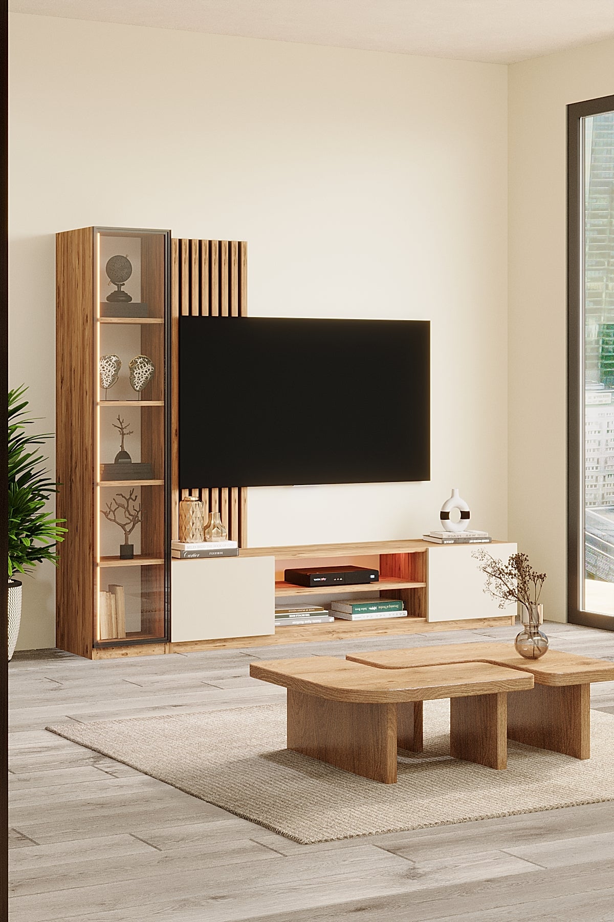 Orea Tv Ünitesi 180 Cm Led Işıklı Akustik Panelli Kitaplıklı Atlantik Çam- Vizon