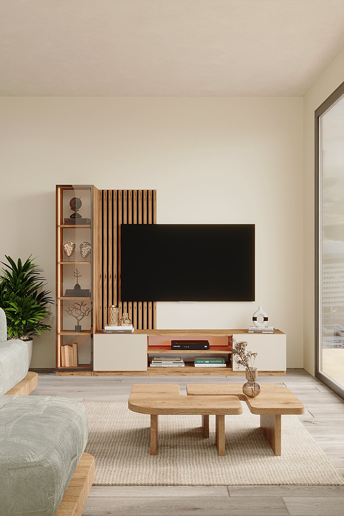 Orea Tv Ünitesi 180 Cm Led Işıklı Akustik Panelli Kitaplıklı Atlantik Çam- Vizon